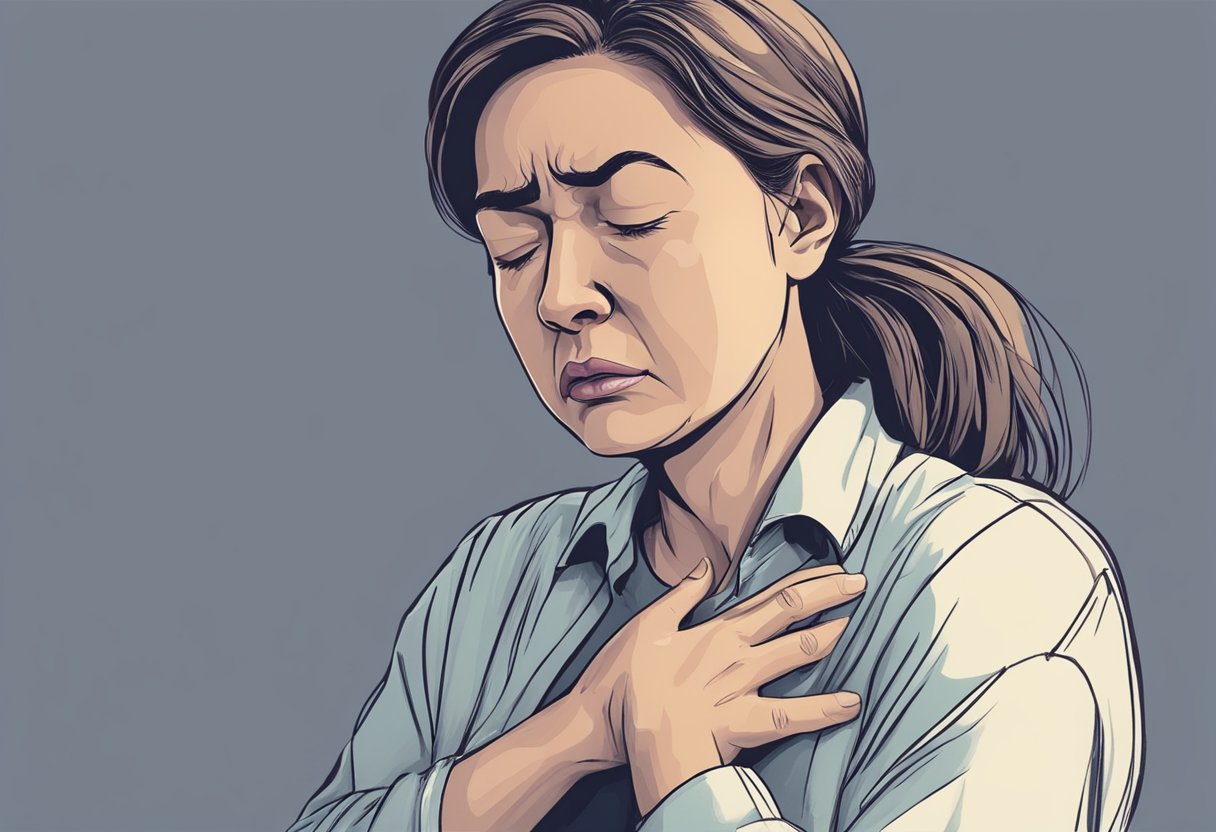 A woman clutching her chest in pain, with a distressed expression on her face, as she struggles to breathe during a heart attack