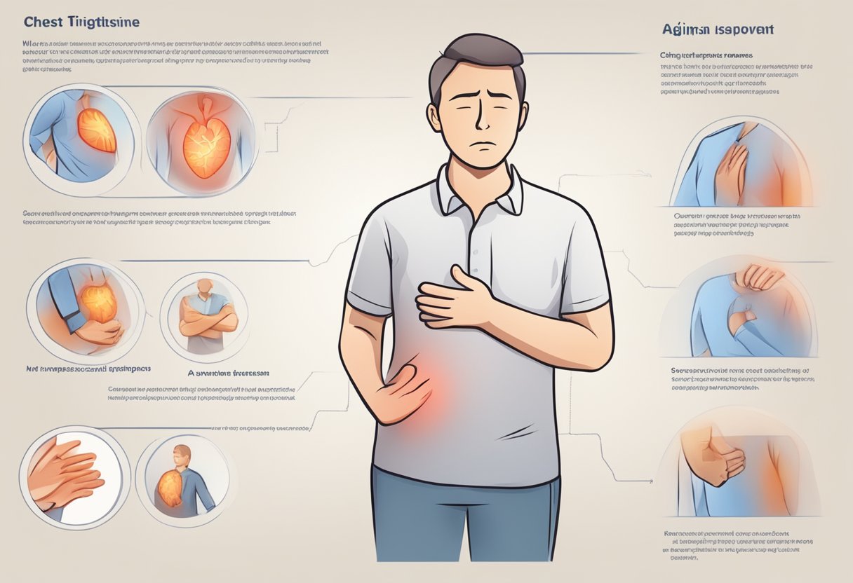 Symptoms of angina: chest pain, tightness, pressure. Illustrate a person experiencing discomfort, clutching their chest