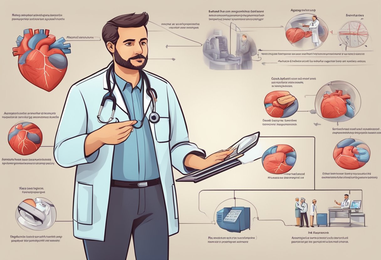 A doctor explaining the difference between angina and heart attack using diagrams and medical equipment