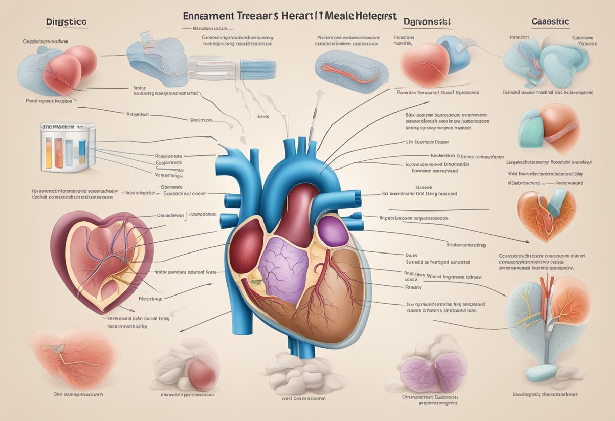 A medical diagram showing the cause of an enlarged heart, with labeled diagnostic and treatment methods