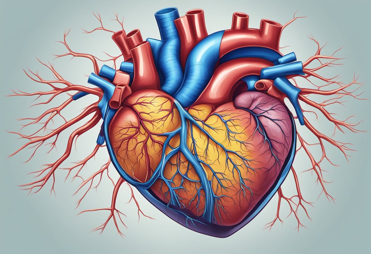 A heart growing larger, pulsing with increased intensity. Surrounding blood vessels struggling to accommodate the expansion, causing strain and potential damage