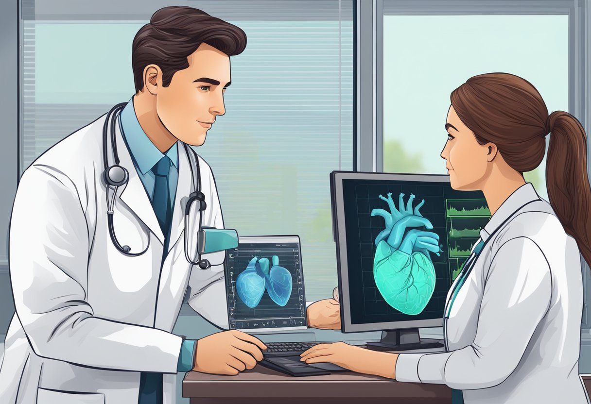 A doctor examines a heart on a monitor, then administers treatment