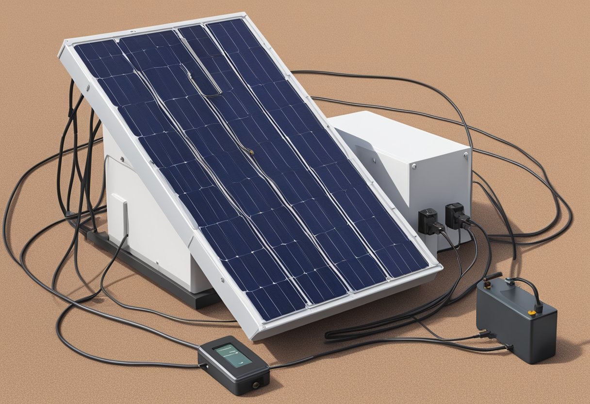 A solar panel connected to a battery, storing energy for later use