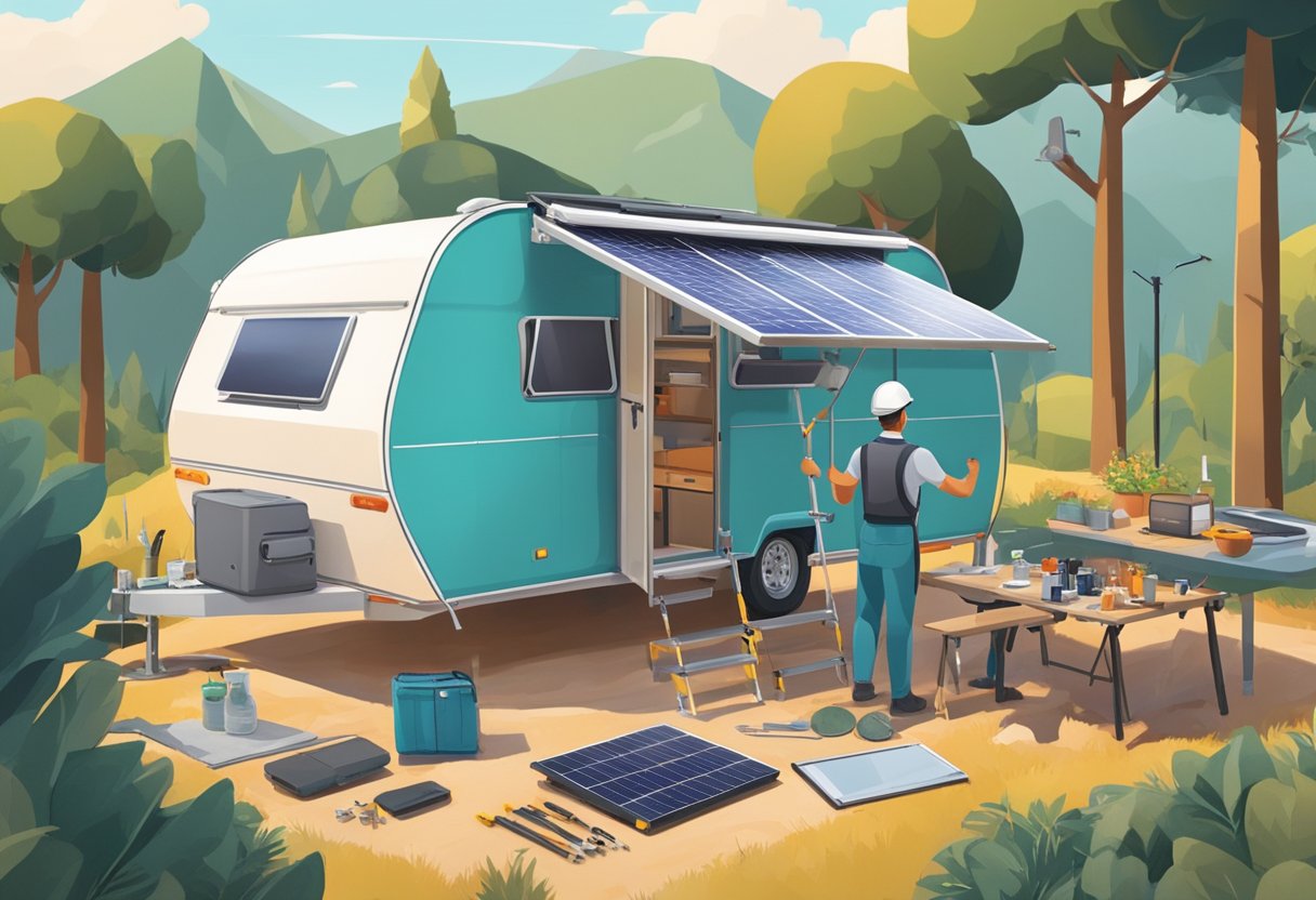 A solar panel being installed on a caravan, with all the necessary components and tools laid out nearby