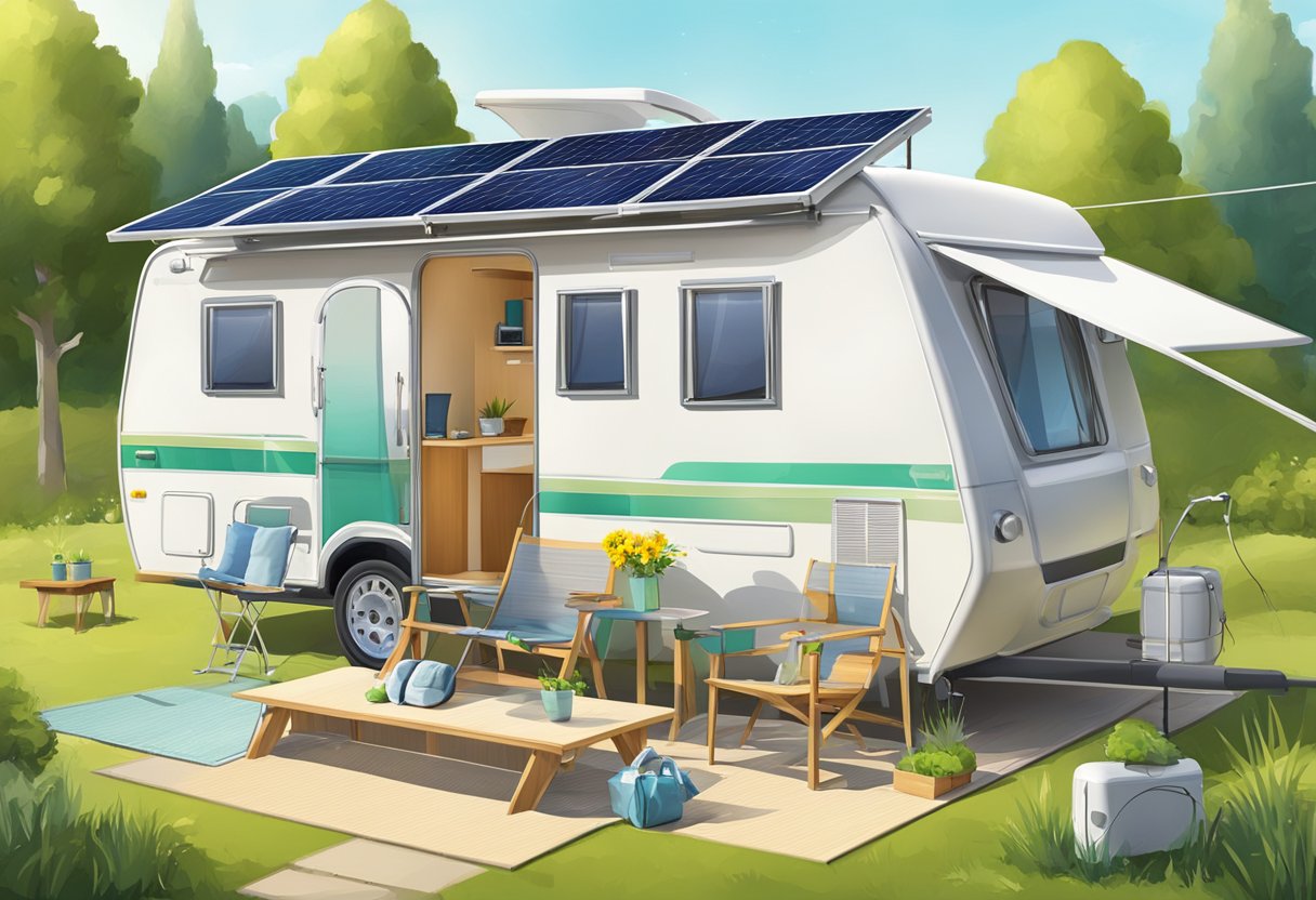 A solar panel attached to a caravan, with energy management accessories