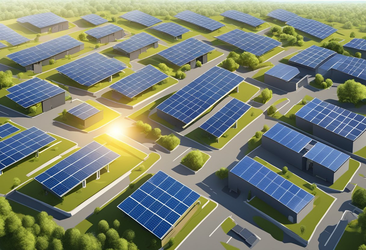 A sunny landscape with solar panels on rooftops, generating energy