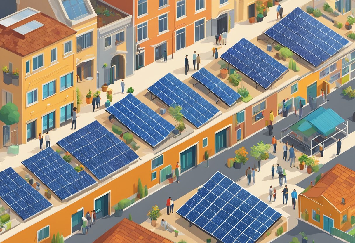 A sunny day with solar panels on rooftops, surrounded by a bustling market and people discussing energy contracts