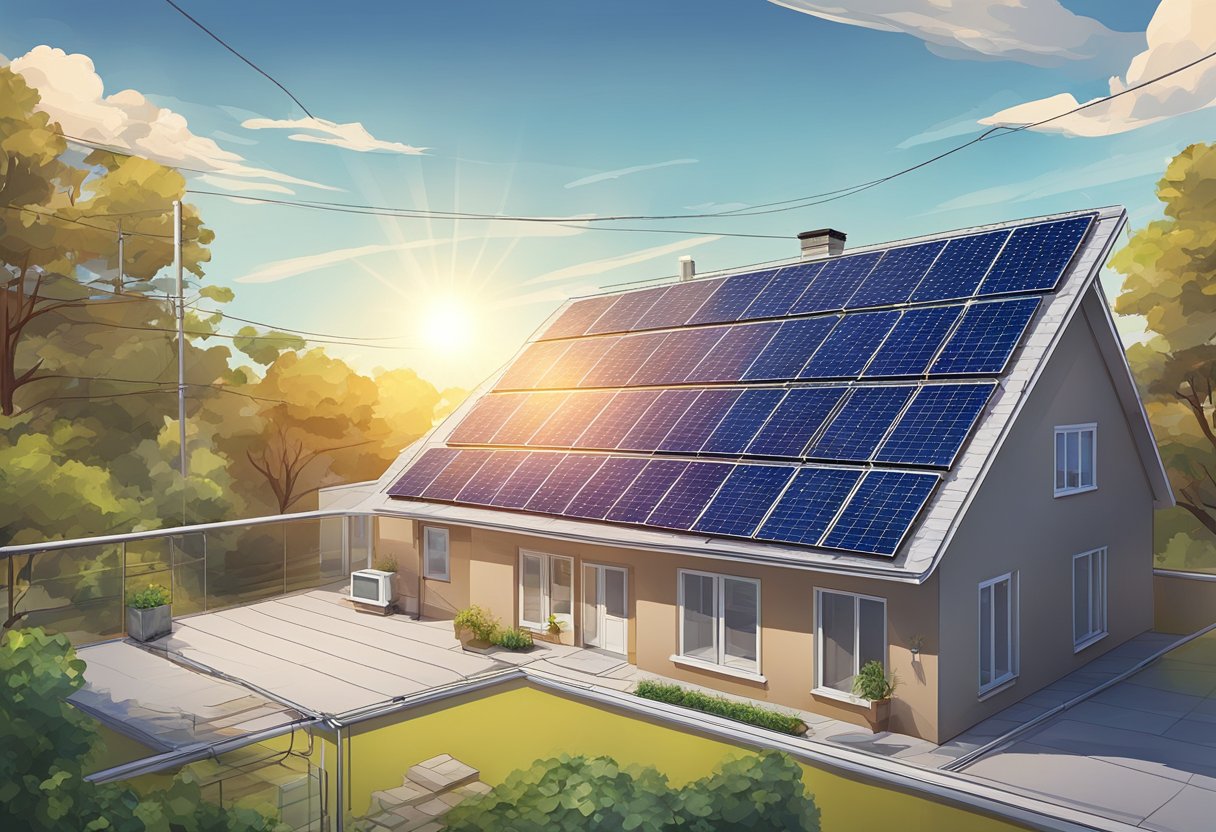 A solar panel sits on a rooftop, absorbing sunlight. Wires connect it to a battery, which powers a home