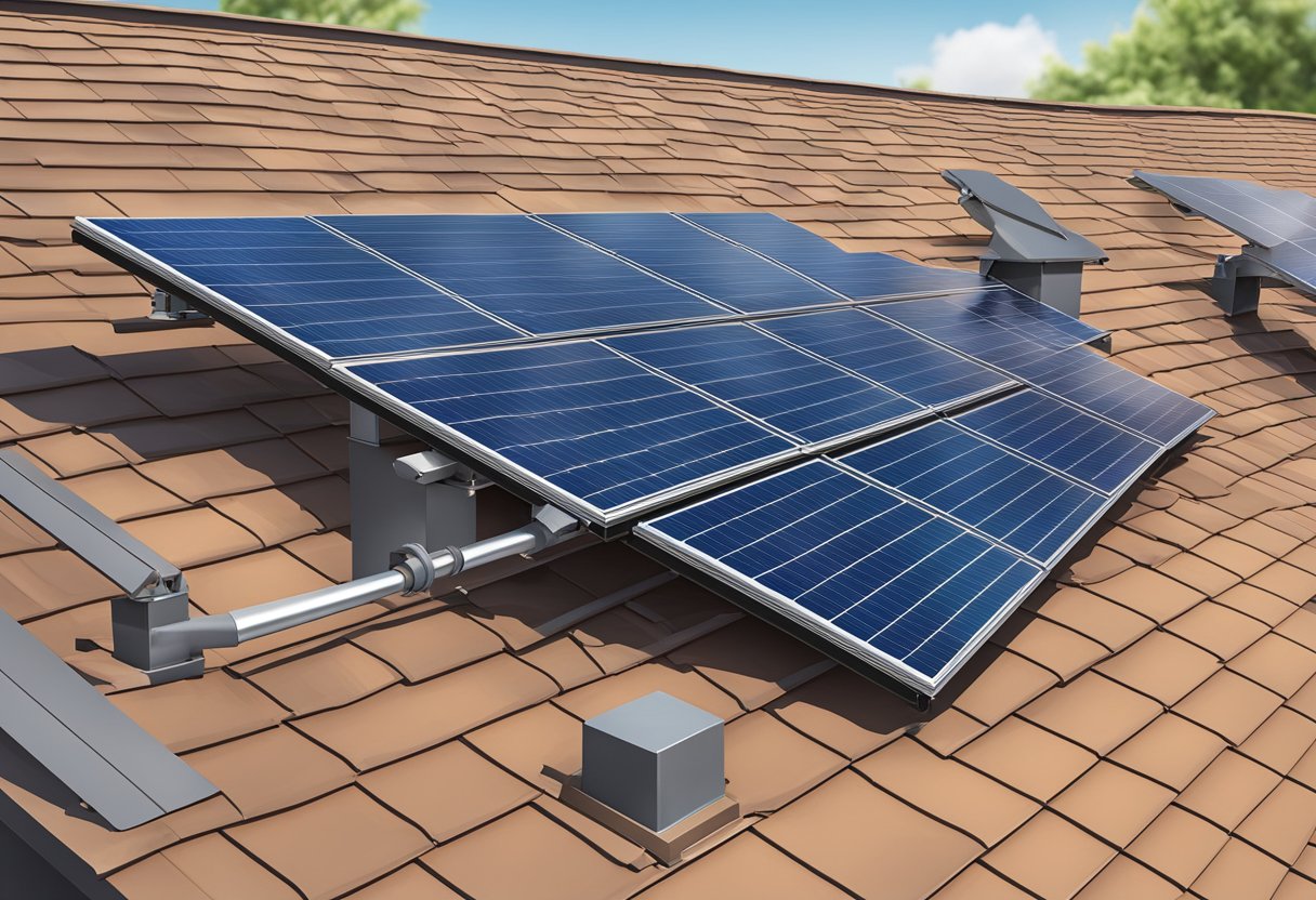 A solar panel installed on a rooftop with support brackets