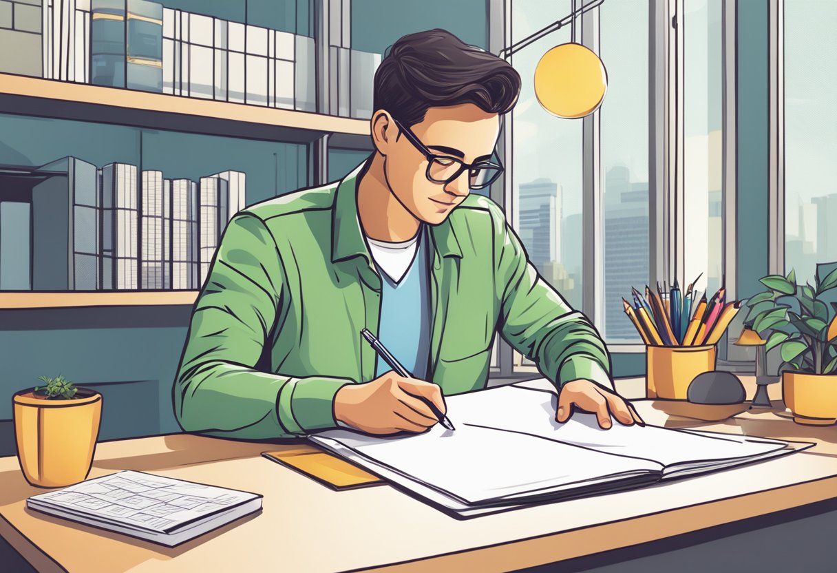 A person filling out paperwork at a desk with a solar panel in the background