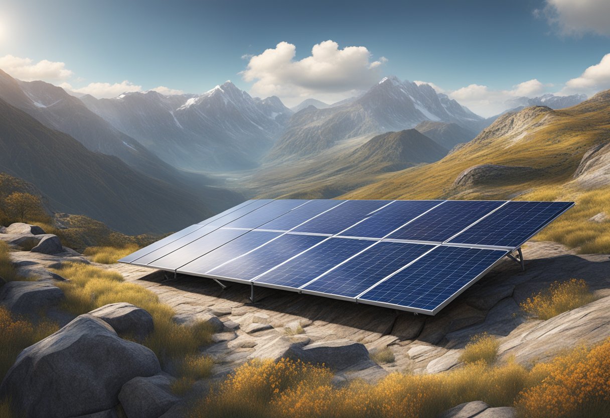 A solar panel sits atop a remote mountain, surrounded by rugged terrain and challenging geography