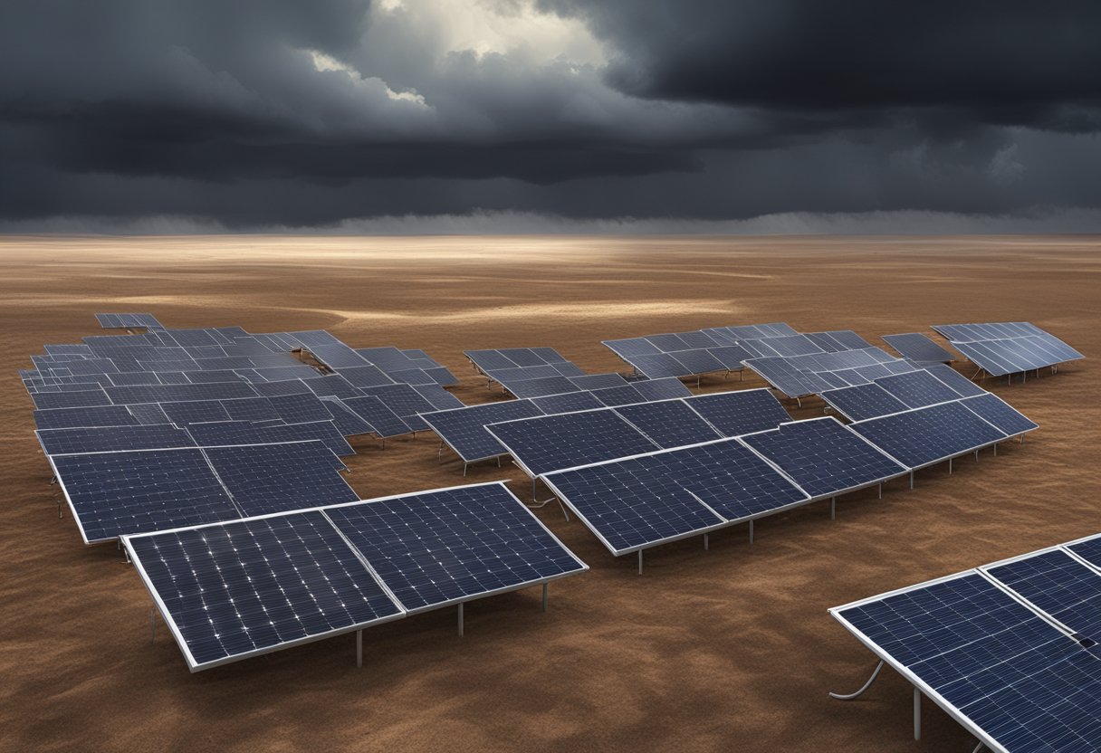 A barren landscape with solar panels under dark storm clouds. Economic and energy policy documents scattered on the ground