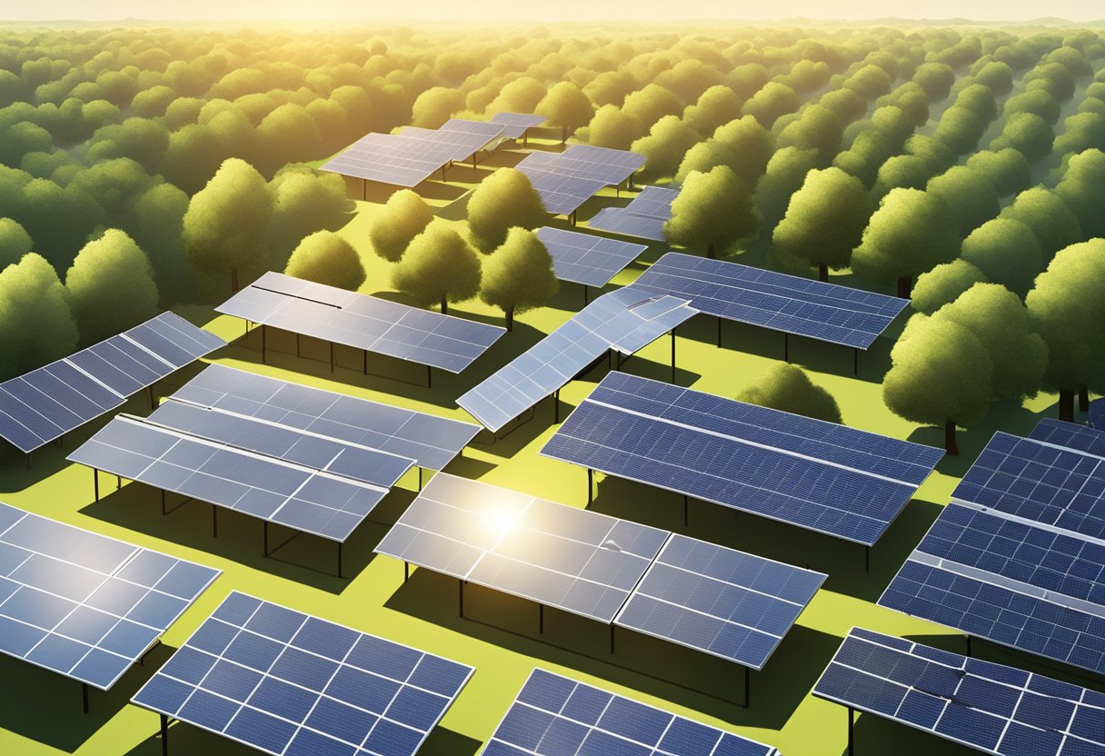 Sunlight shining on solar panels, generating electricity. Trees and buildings casting shadows on the panels