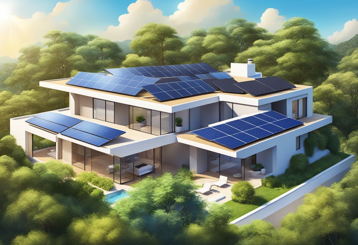 A sunny villa with solar panels on the roof, surrounded by greenery and a clear blue sky