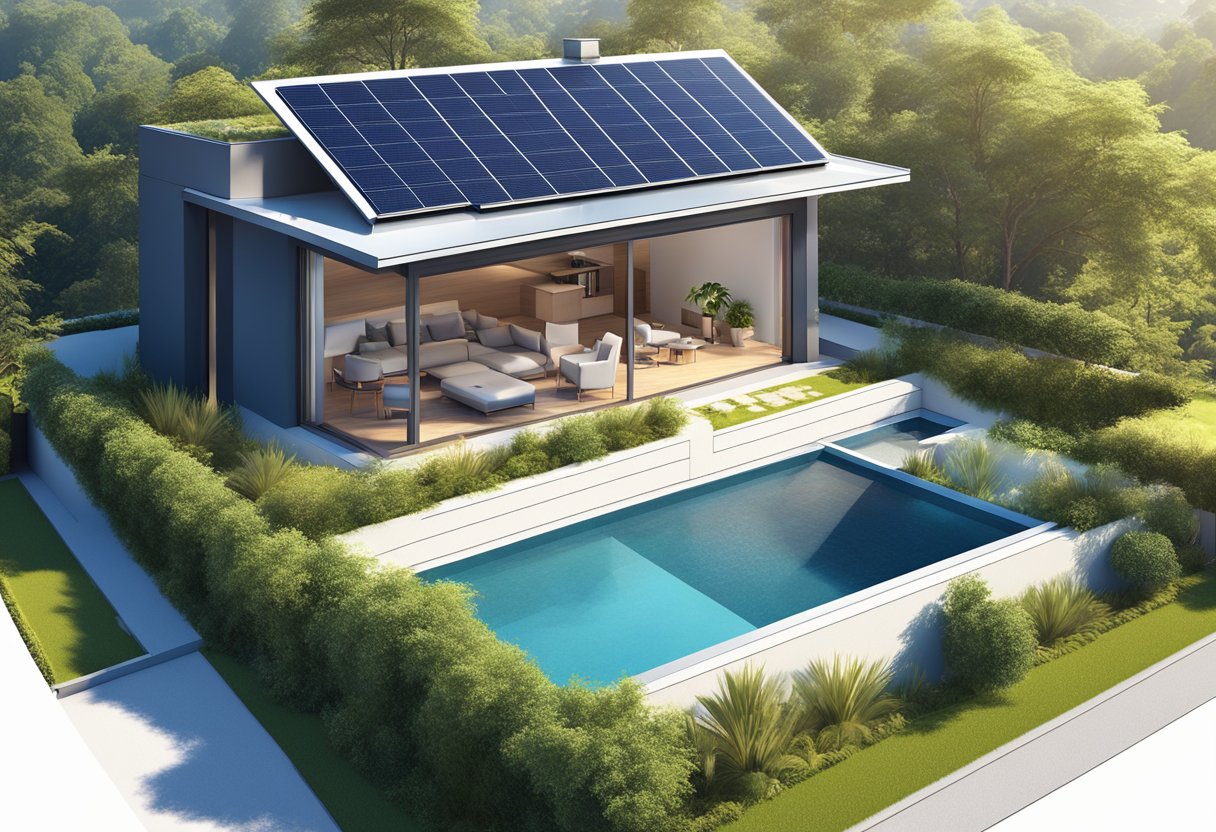 A sunny day with a Tesla solar roof installed on a modern house, surrounded by lush greenery and a clear blue sky