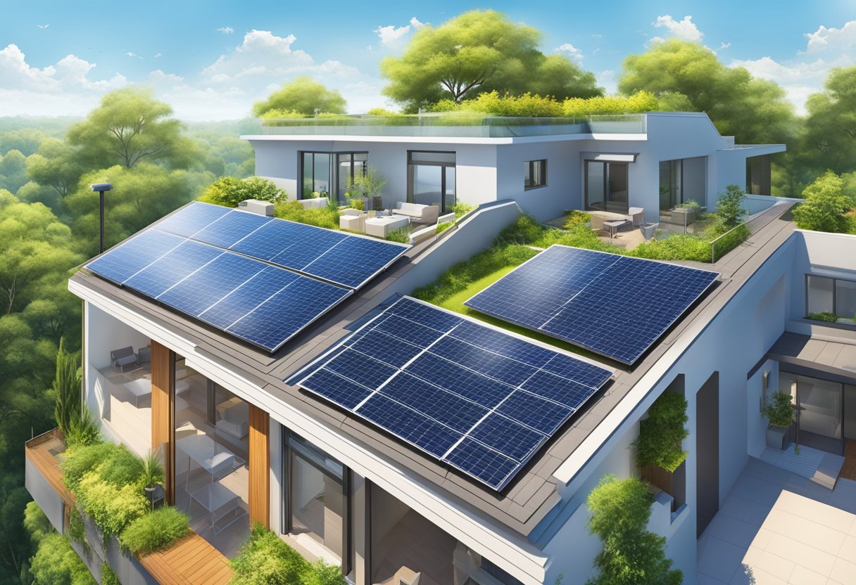 A sunny rooftop with solar panels of varying sizes, surrounded by clear blue skies and greenery