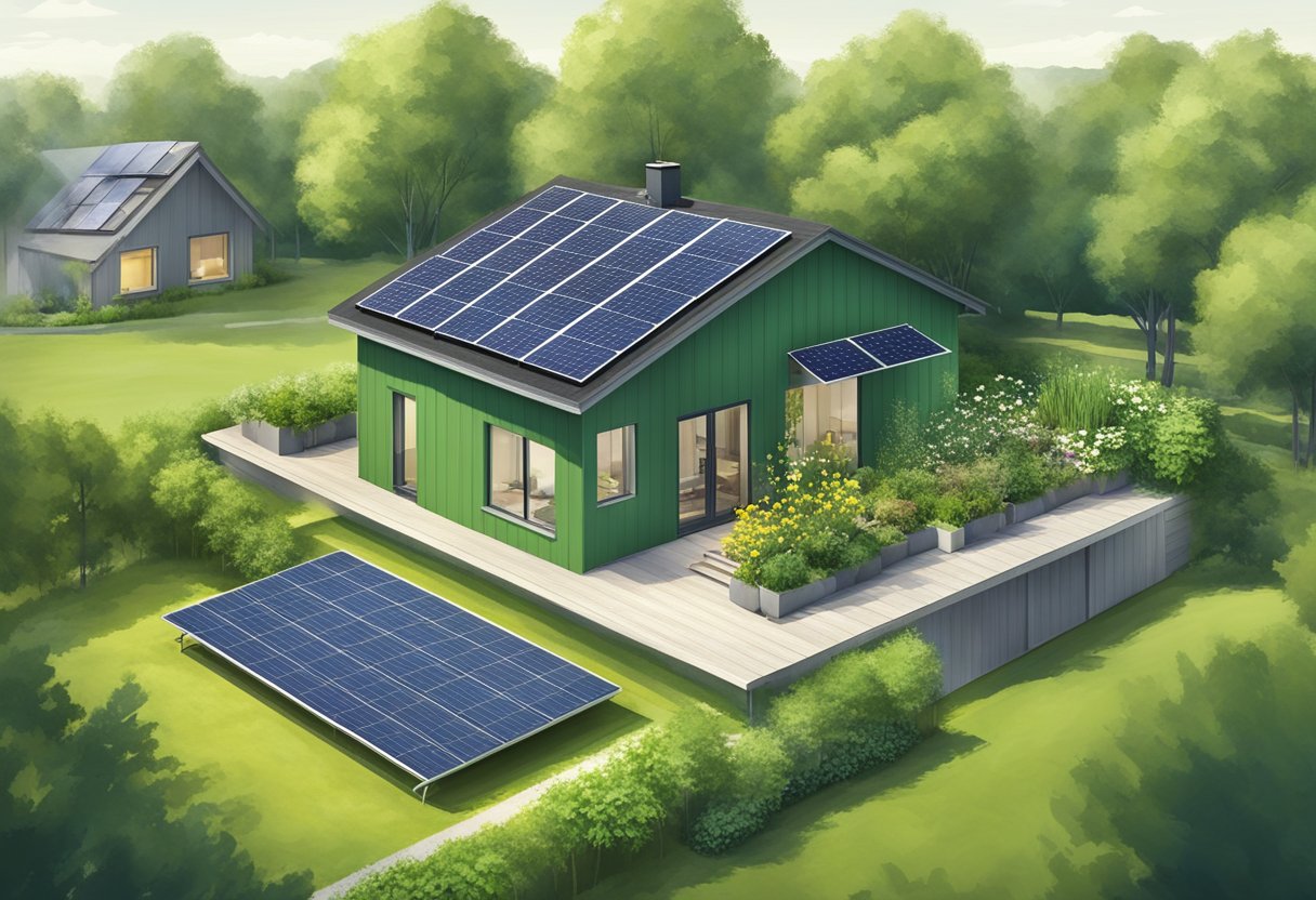 A lush green garden with solar panels on the roof of a house in Sweden, symbolizing the concept of "Grönt Avdrag" (green deduction)