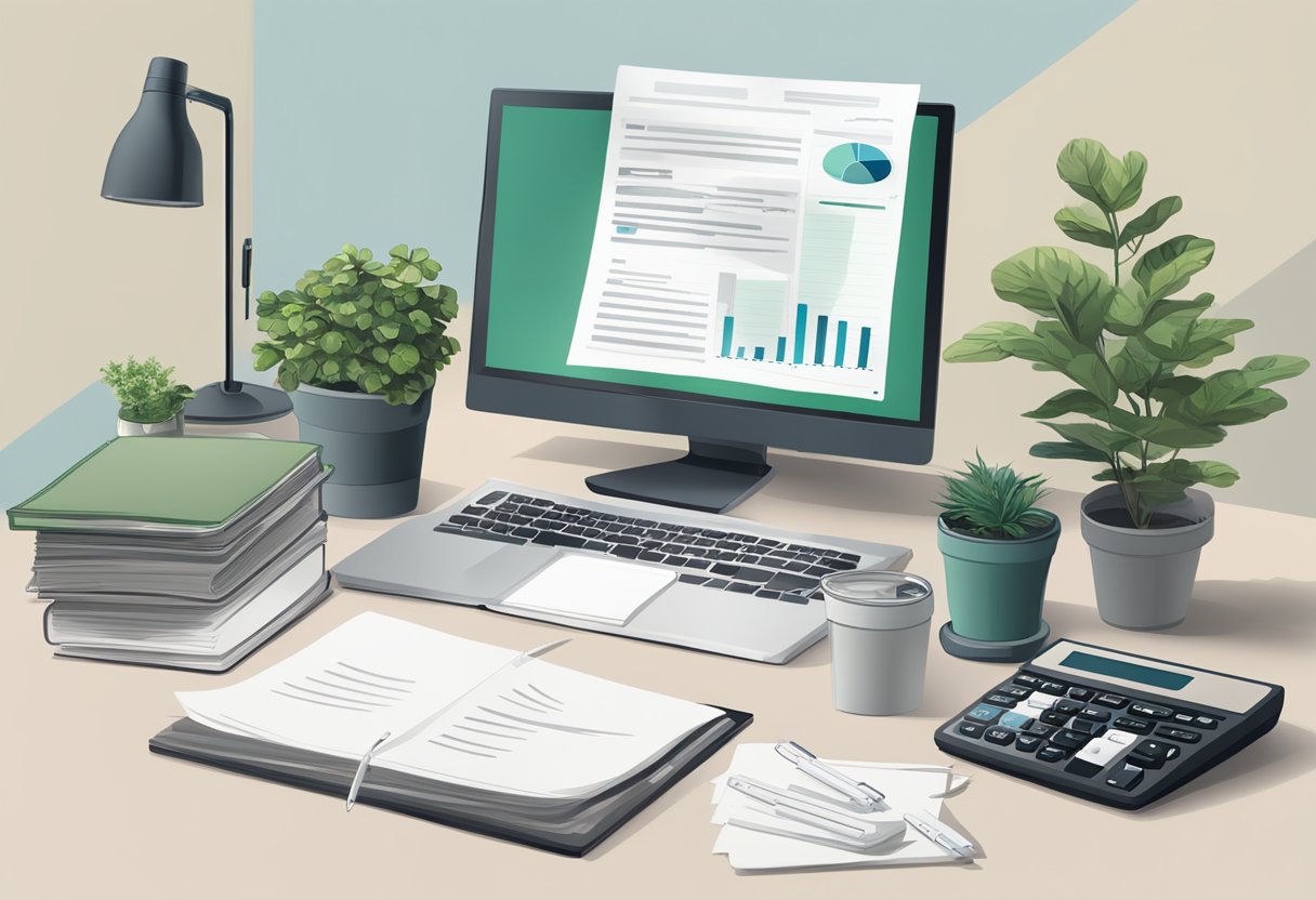 A cluttered desk with papers, a calculator, and a laptop. A plant sits in the corner. A document titled "Specifika Regler och Villkor för Skattereduktion grönt avdrag" is highlighted