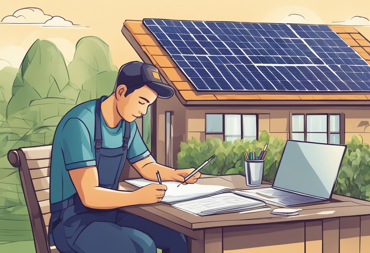 A person is planning and preparing to buy solar panels on their own. They are researching, making lists, and comparing prices and specifications