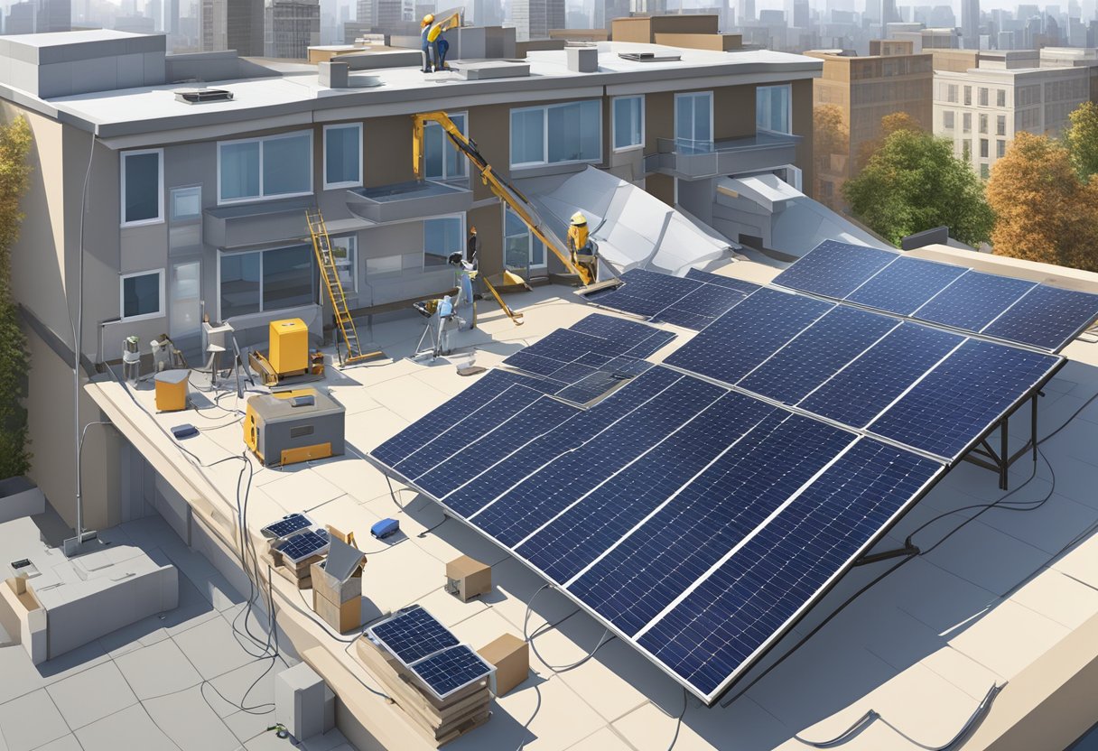 A solar panel system being installed on a rooftop, with tools and equipment scattered around