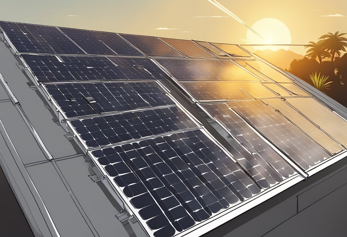 A solar panel being installed on a rooftop, with the sun shining brightly in the background