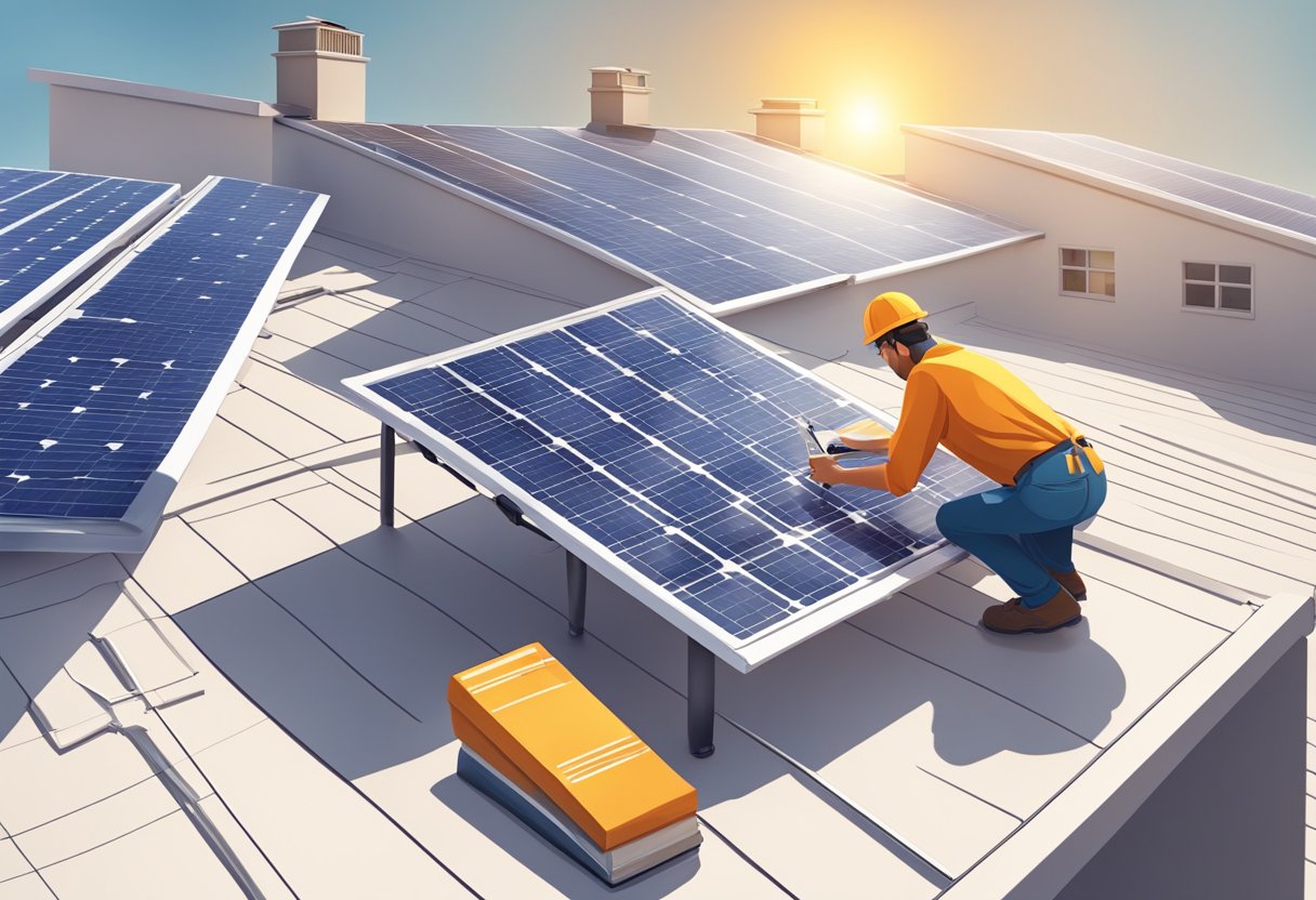 A sunny rooftop with solar panels, paperwork, and a calculator. A person fills out forms and checks requirements for tax reduction on solar energy