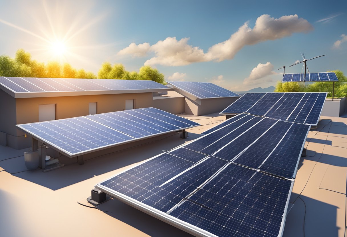 A solar panel array on a rooftop, with sunlight hitting the panels and generating electricity. Nearby, a meter measures the energy production