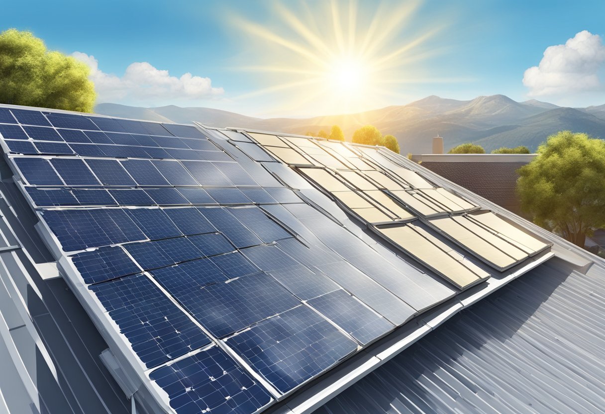 A rooftop covered in solar panels with a clear blue sky and sun shining down, representing the profitability of solar energy