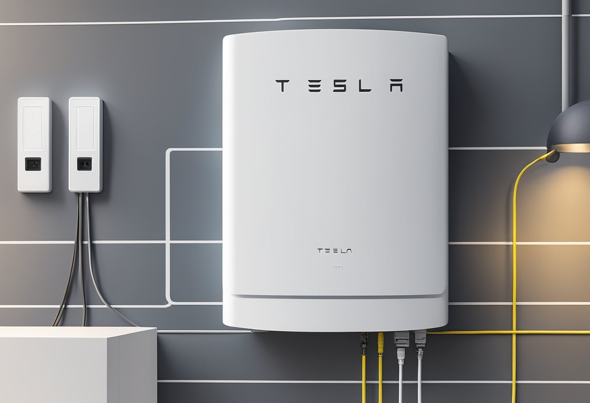 A sleek Tesla Powerwall unit mounted on a wall, with cables connecting to a solar panel and an energy meter nearby