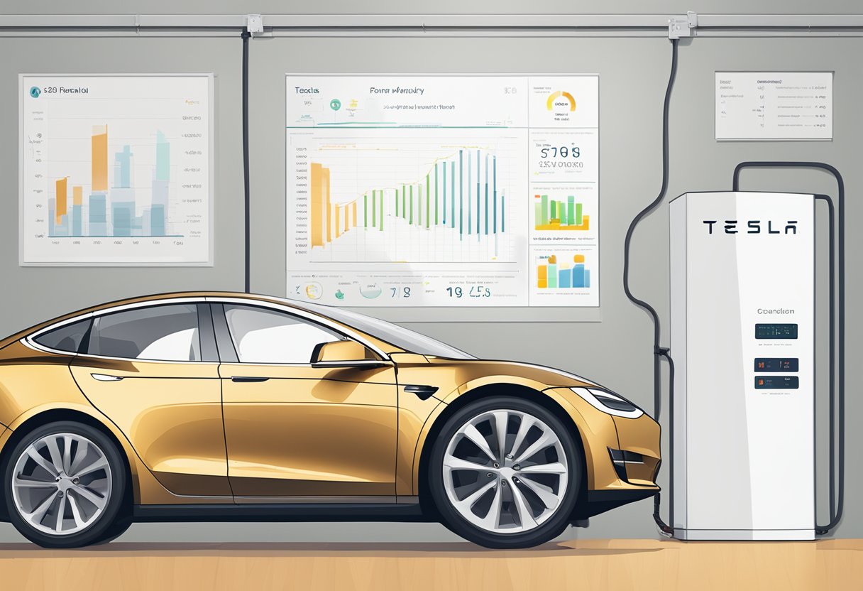 A Tesla Powerwall sits against a wall, surrounded by charts and graphs showing cost analysis