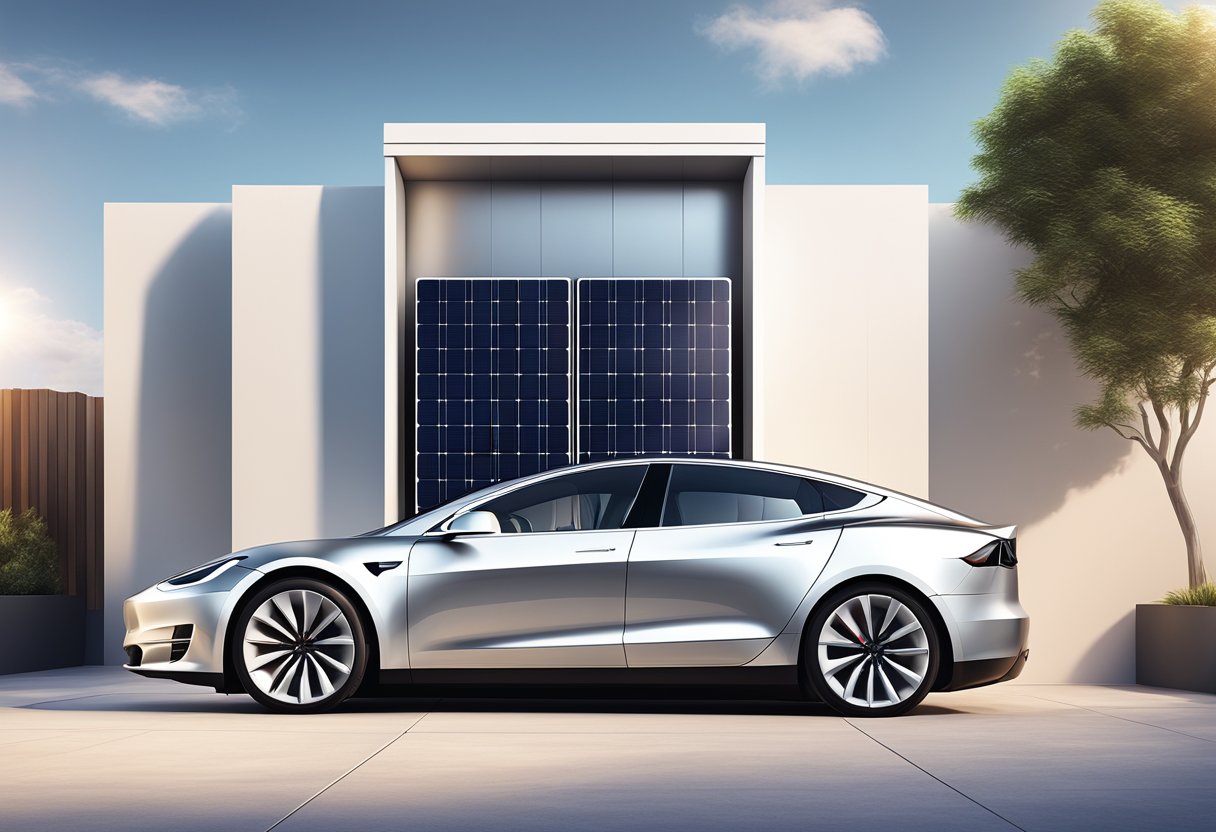 A Tesla Powerwall sits on a sleek, modern wall, surrounded by solar panels. The sun shines brightly, highlighting the energy-efficient setup