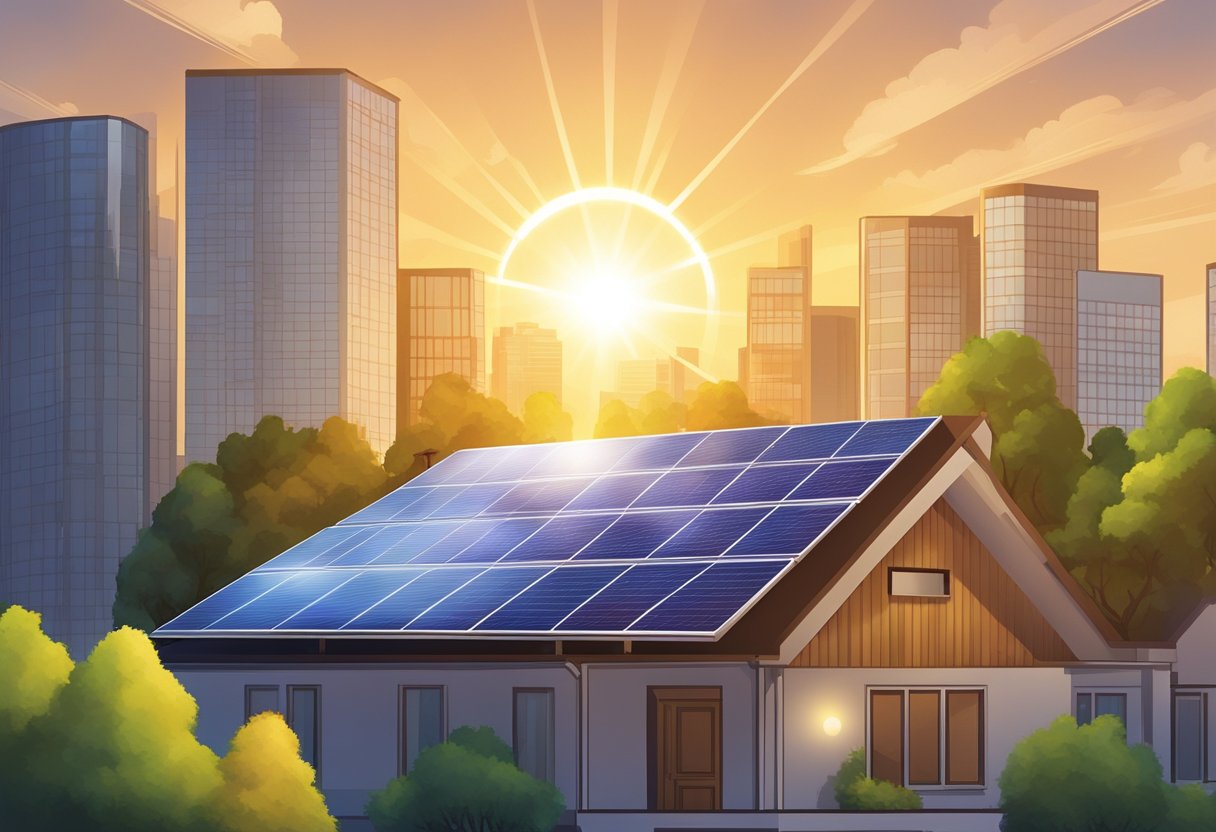 A solar panel company logo shines on a rooftop. The sun beams down, powering the panels. Trees and buildings surround the scene