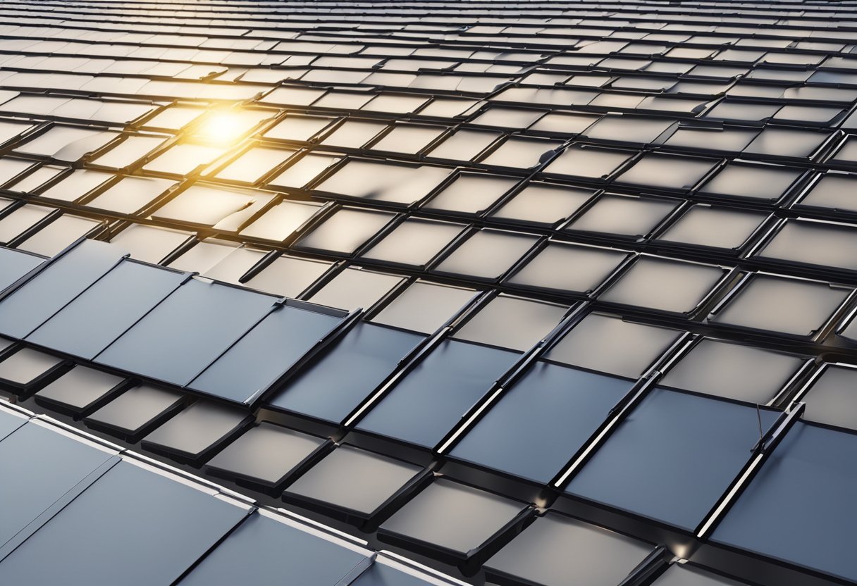 A solar panel roof with sunlight hitting the cells, generating electricity