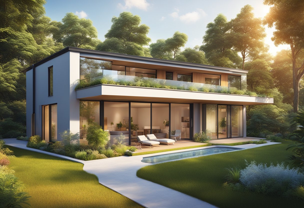 A modern, sustainable home with a sleek solar panel roof, surrounded by lush greenery and bathed in warm sunlight