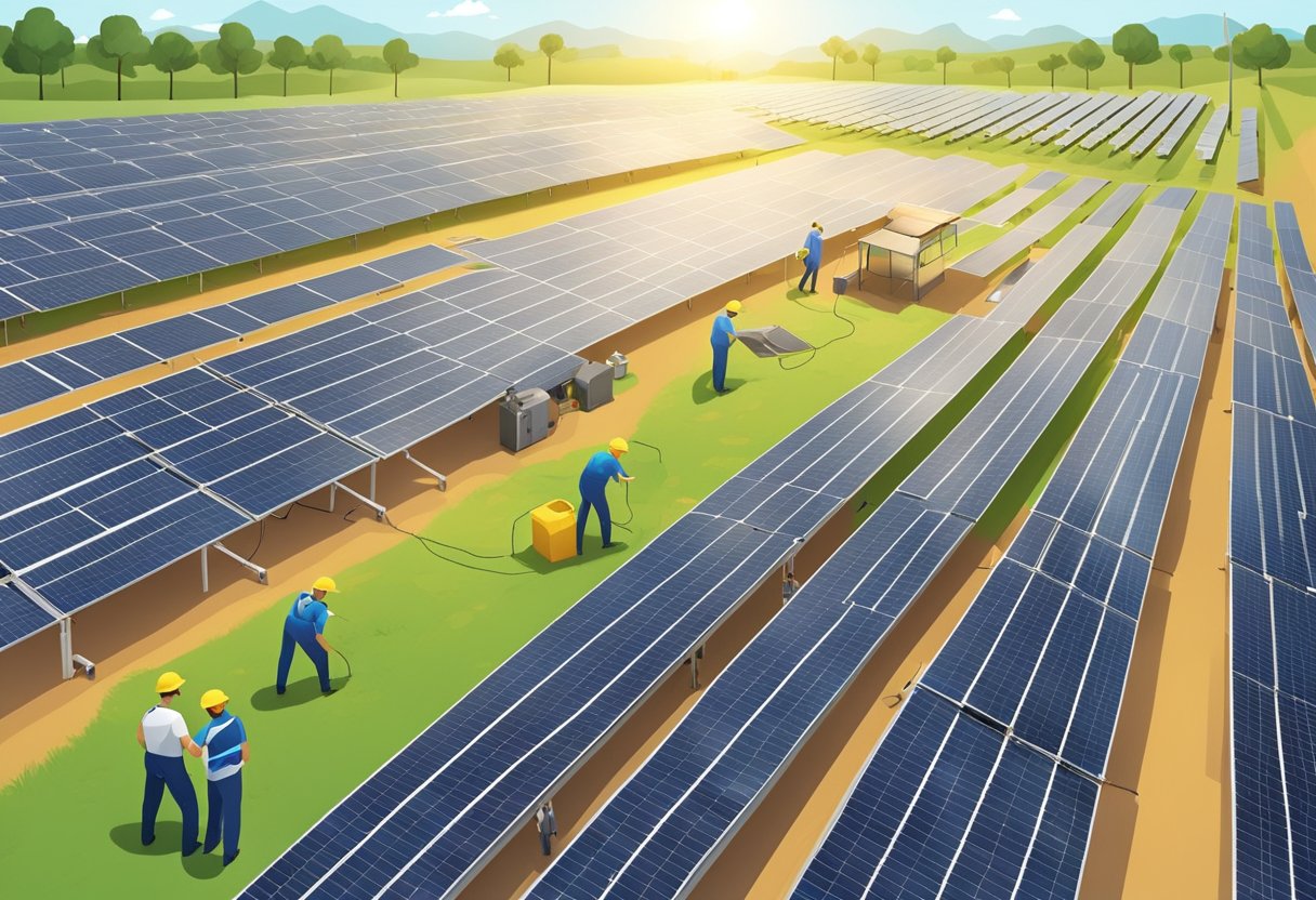 Installation of solar panels in a large open field with rows of panels and equipment. The sun is shining brightly, and workers are busy assembling and connecting the panels