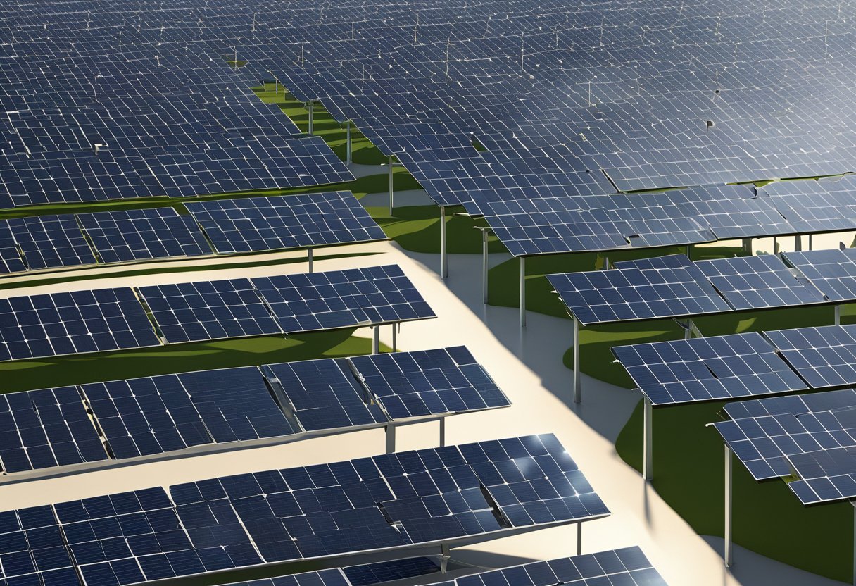 A vast field of solar panels stretches towards the horizon, reflecting the sunlight and generating clean energy. Nearby, competing companies strategize to maximize their economic gains in the solar park industry