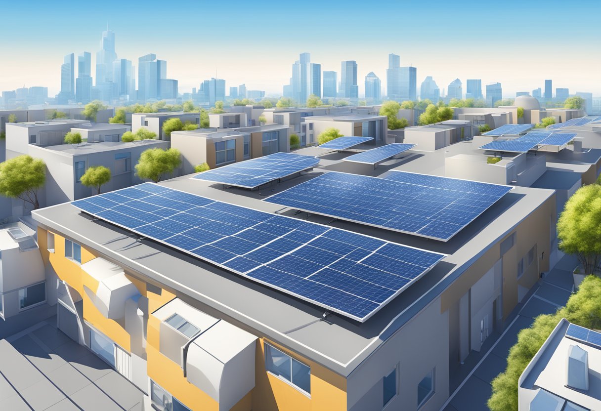 A rooftop with solar panels installed, surrounded by commercial buildings and a clear blue sky