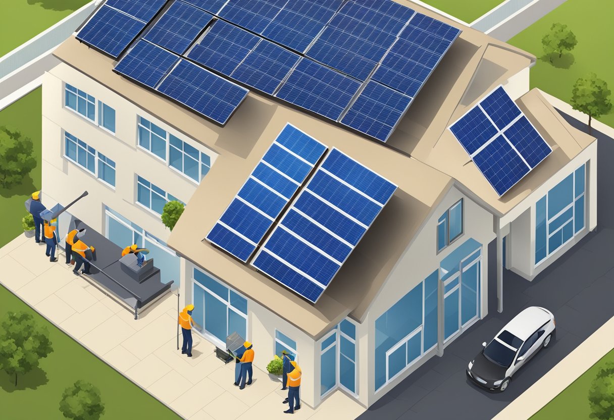 A team plans and installs solar panels for a company's solar energy system