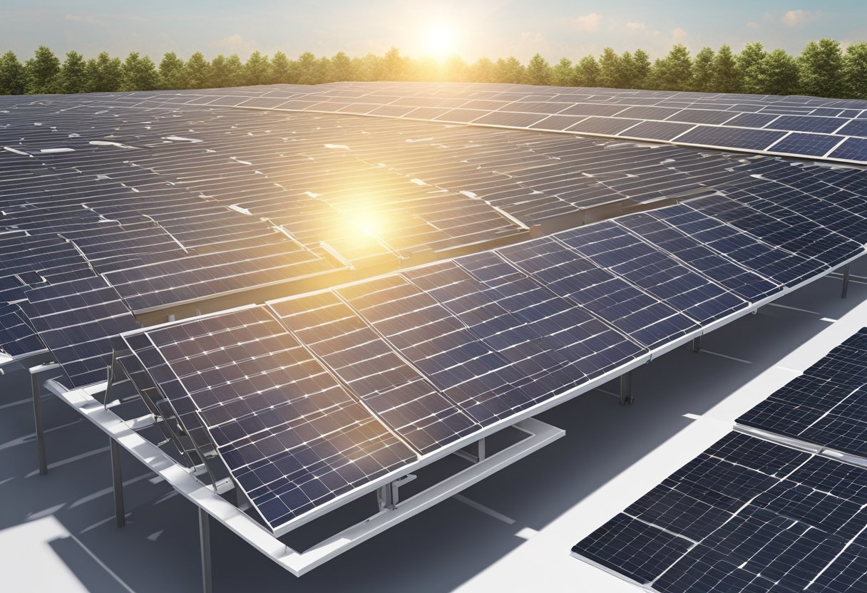 A sunny rooftop with rows of solar panels, connected to a modern office building. The panels are capturing the sun's energy, providing sustainable power for the company