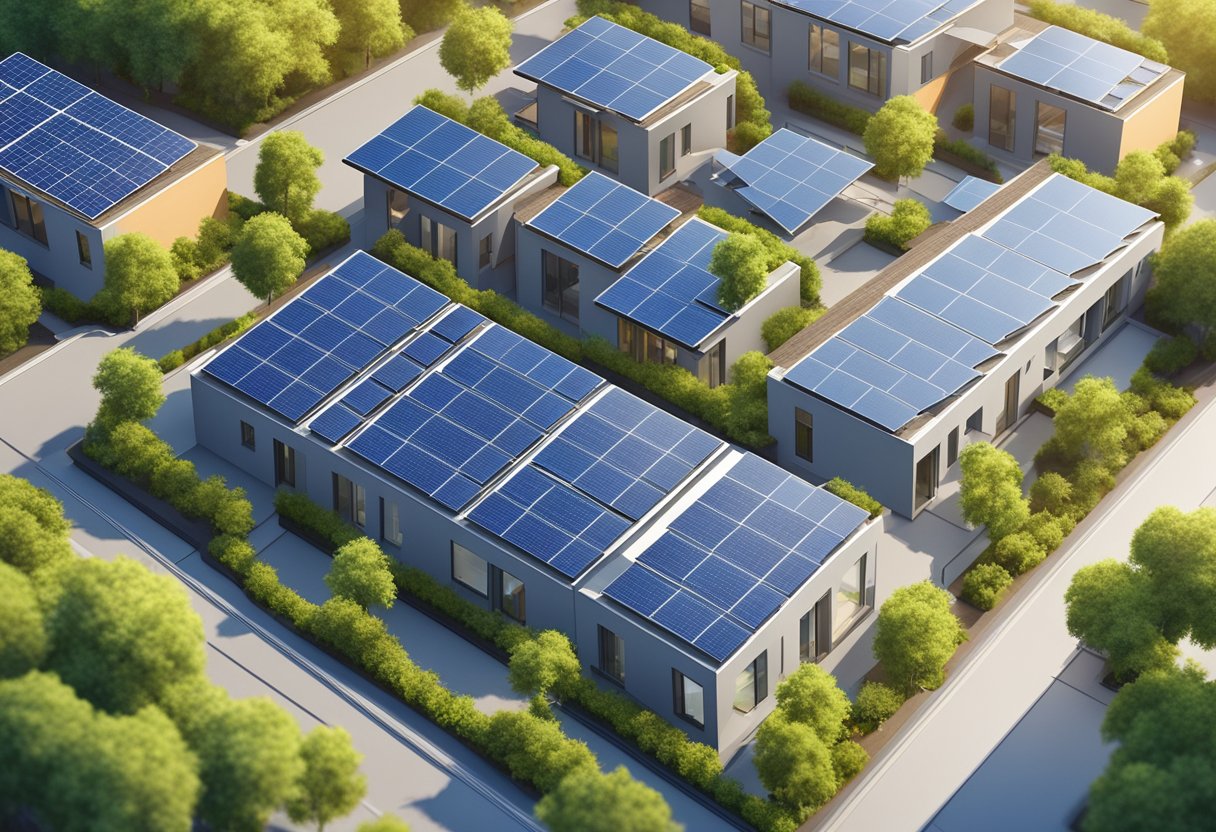 A rooftop with solar panels installed on top of a residential building, surrounded by other buildings and trees