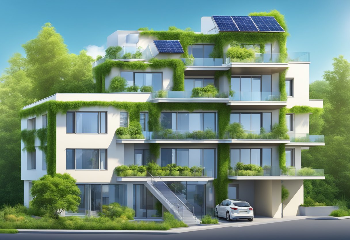 A modern apartment building with solar panels on the roof, surrounded by lush greenery and a clear blue sky