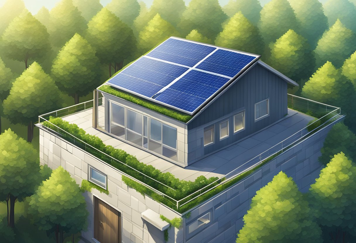 A solar panel sits on a rooftop, absorbing sunlight with its photovoltaic cells. The panel is surrounded by greenery, indicating its environmentally friendly energy production