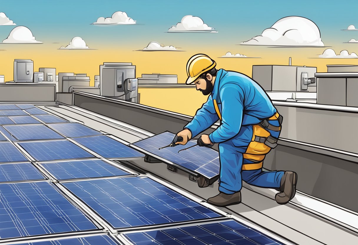 A technician installs and tests solar panels on a rooftop