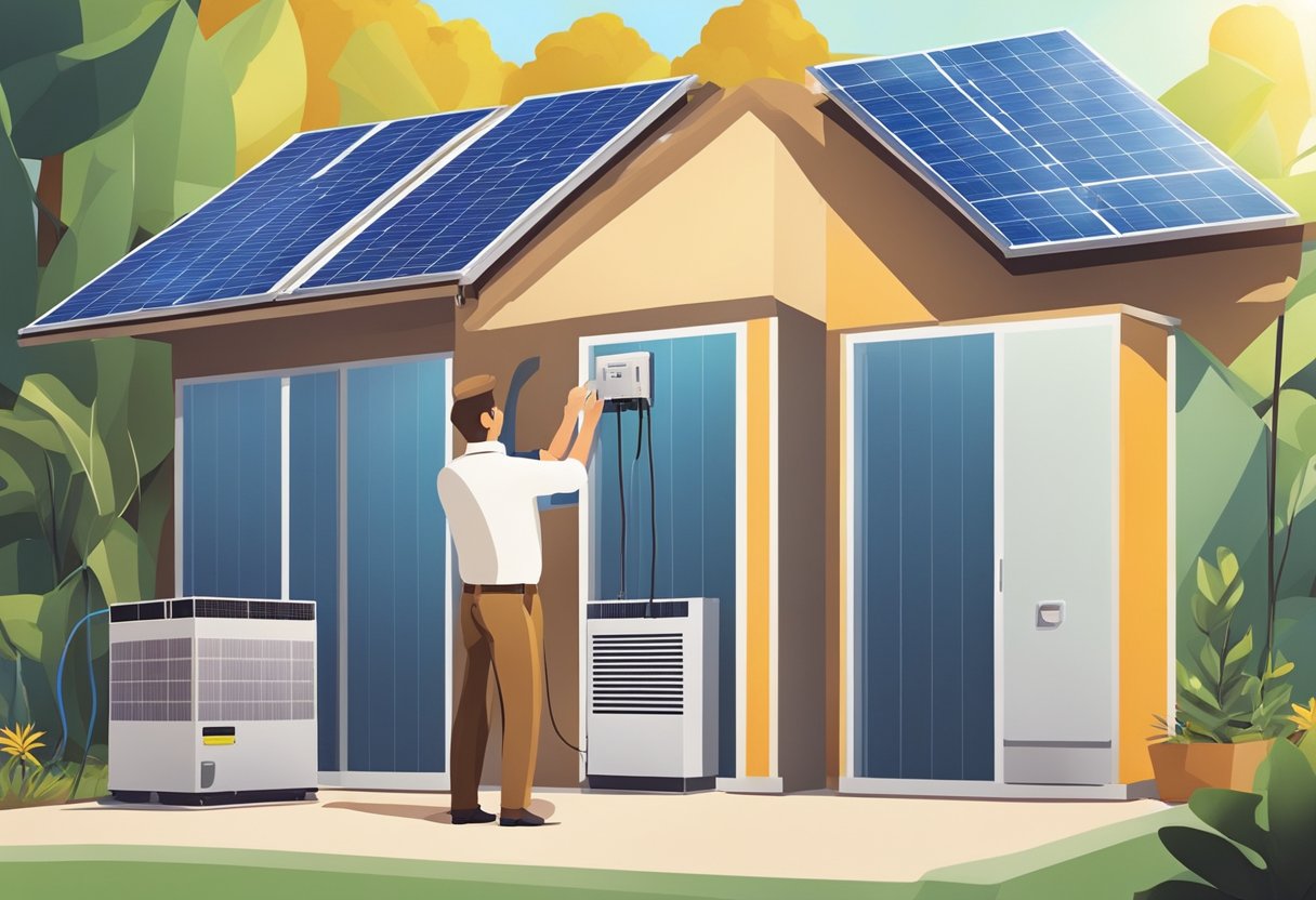 A technician installs and optimizes solar panel inverters in a sunny outdoor setting