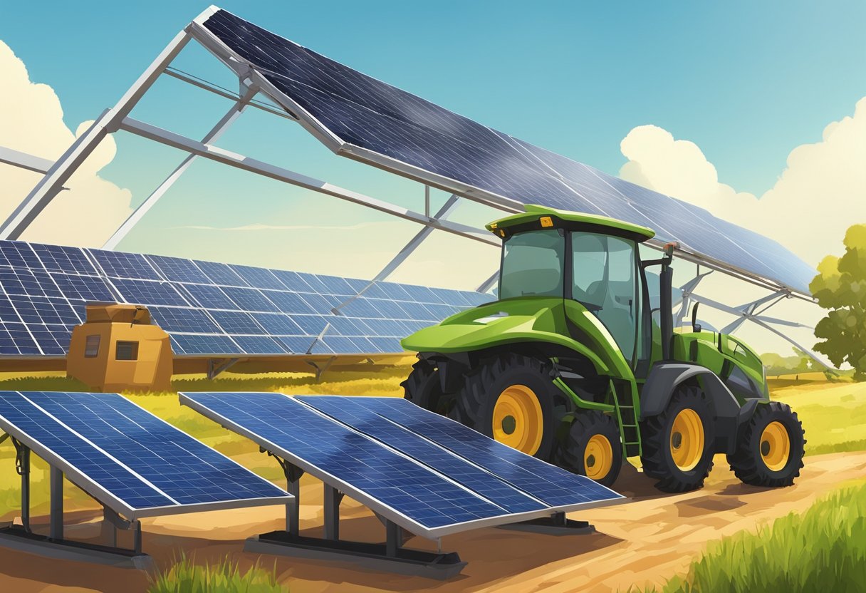 Solar panels installed on a farm, connected to agricultural equipment, under a sunny sky