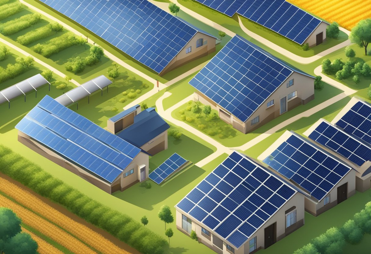 A farm with solar panels installed on the roofs of the buildings and scattered throughout the fields, capturing the sunlight to generate renewable energy