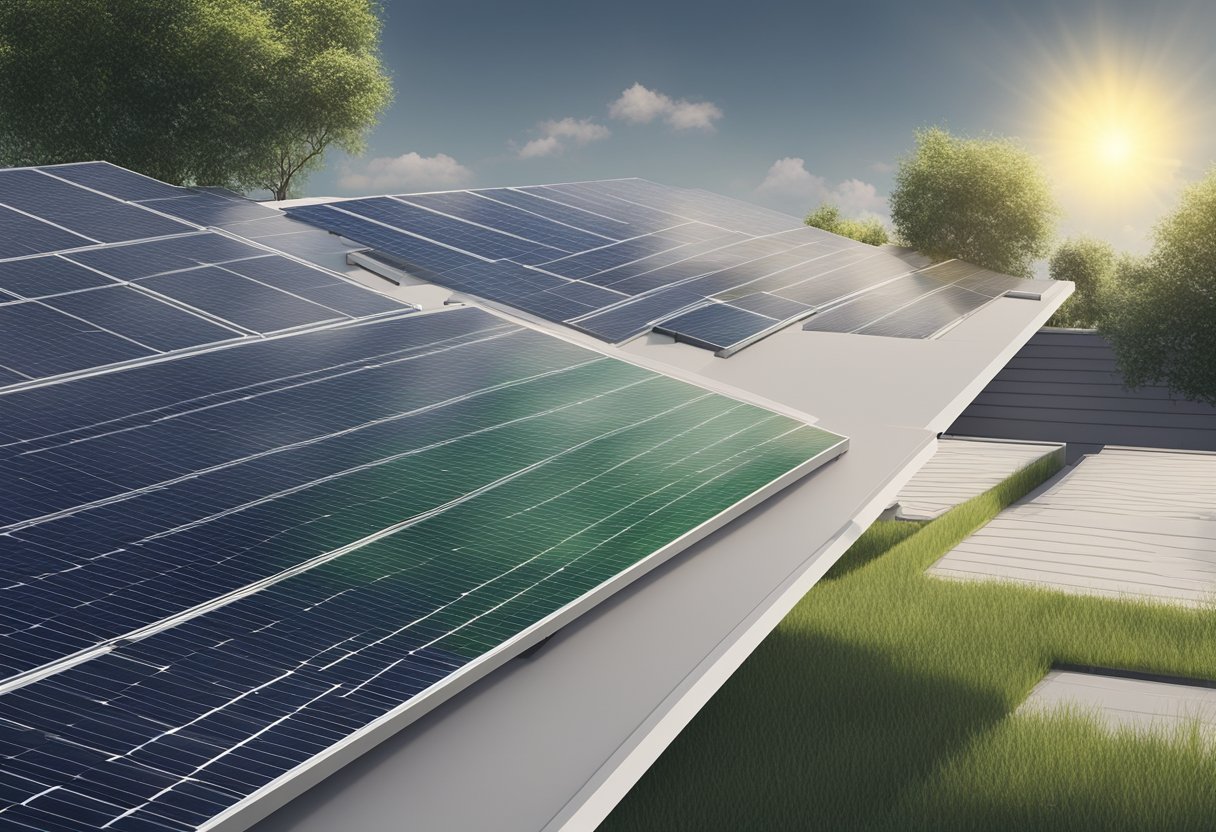 A solar panel sits on a rooftop, absorbing sunlight and converting it into energy. The surrounding environment is clean and green, with minimal impact on the environment