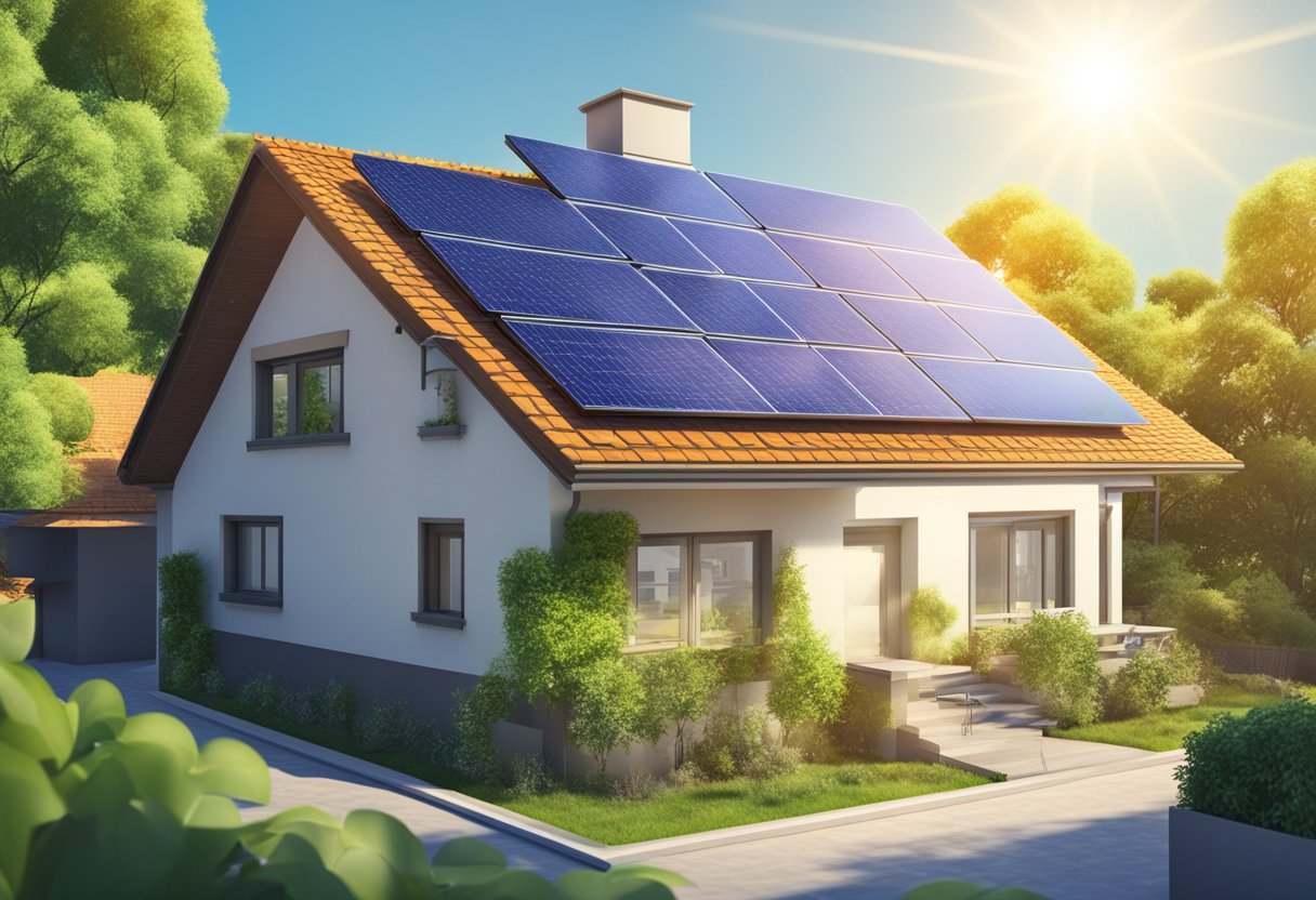 A sunny rooftop with solar panels, surrounded by greenery. Time-lapse showing the sun powering the panels, with a graph showing the payback period