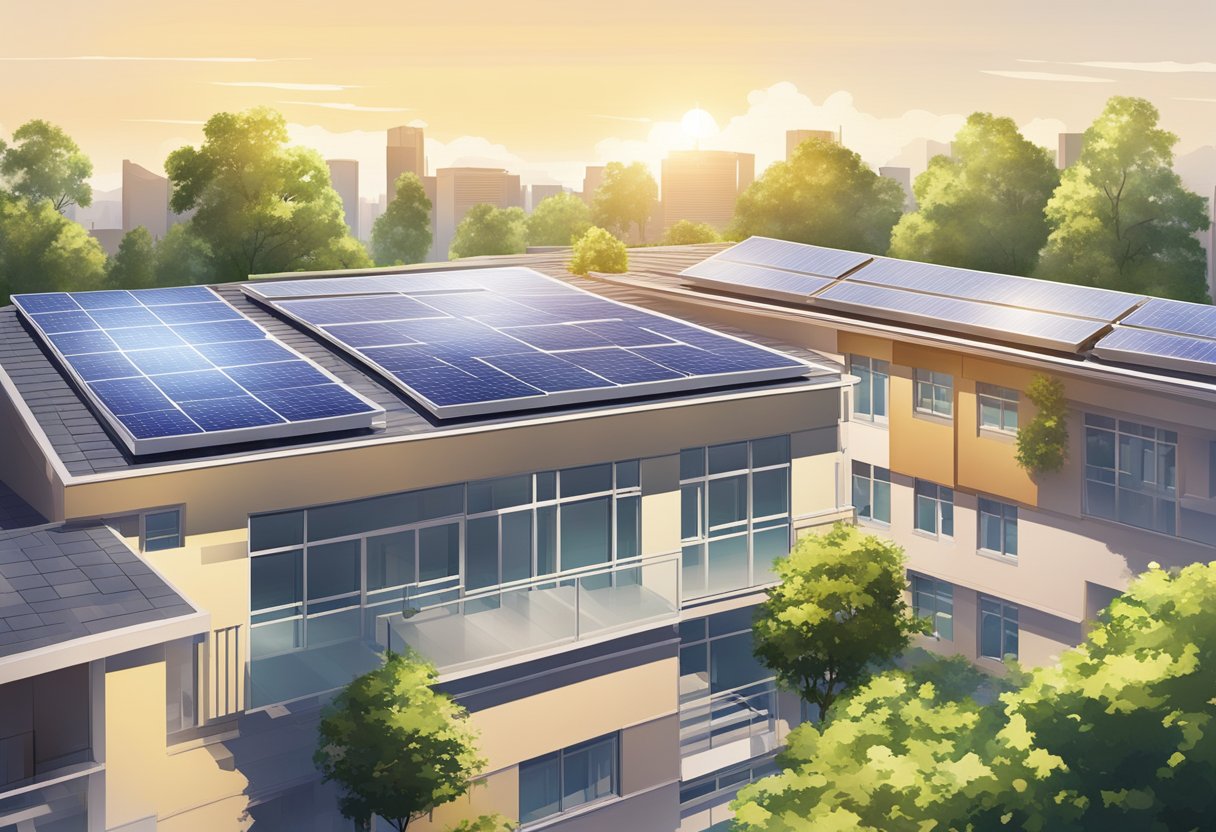 A rooftop with solar panels facing south, absorbing sunlight. Trees and buildings surround the area, casting shadows