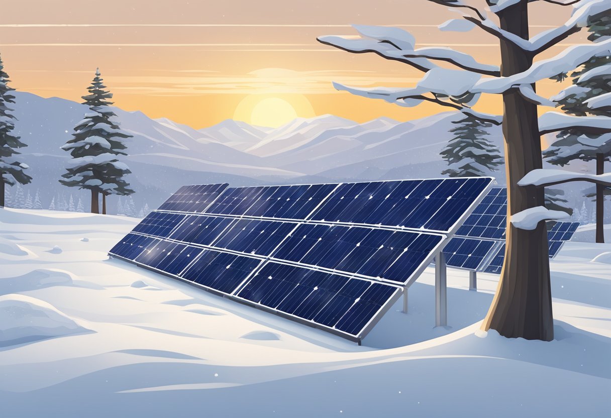 Solar panels arranged on a snowy landscape, facing north, with trees and mountains in the background